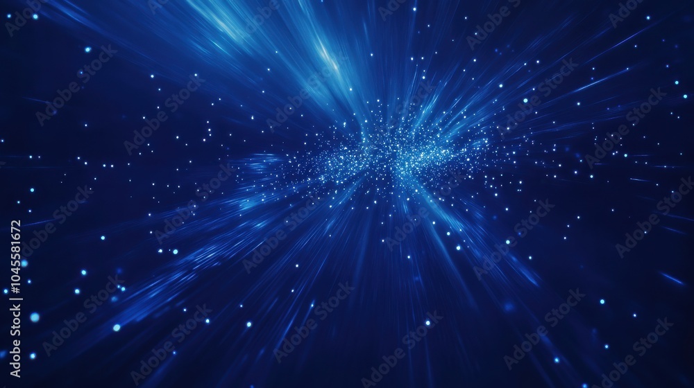 Poster mesmerizing dark blue background with rays of light and glowing particles creates sense of depth and
