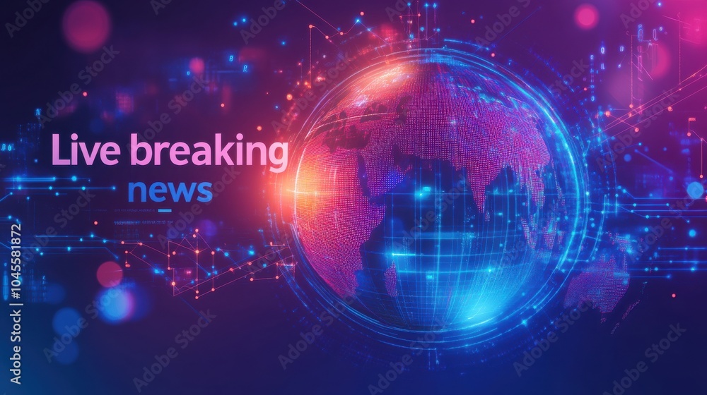 Poster live breaking news displayed on vibrant digital background with glowing globe, symbolizing global co