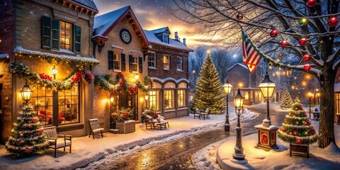 Naklejka premium Christmas at the Corner: Festive Panoramic Street View with Twinkling Lights and Snow