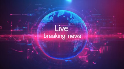 Live breaking news displayed on digital background with glowing globe, highlighting urgency and immediacy of current events. vibrant colors enhance dynamic atmosphere