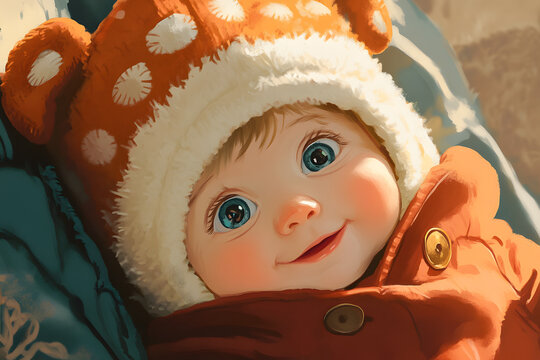 Illustration of acute baby in cartoon style, happy little newborn