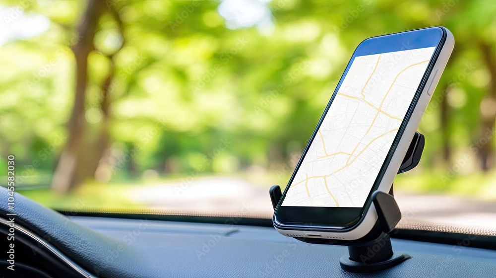Aufkleber a car's dashboard with a cell phone mounted in a holder displaying a digital navigation app on a sun