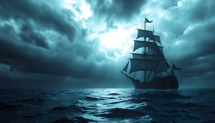 Obraz premium Ghosty flying dutchman ship and stormy sky isolated with white highlights, png