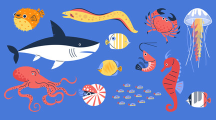 Naklejka premium Ocean or sea fauna, marine wildlife, underwater animals, cartoon octopus, seahorse, jellyfish, shark fishes vector set