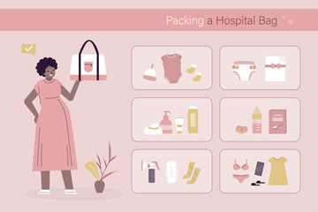 African american pregnant woman holds hospital bag. Pregnant woman with things for unborn child in bag going to maternity hospital before giving birth.