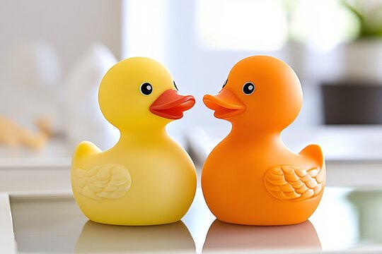 Yellow and Orange Rubber Ducks Facing Each Other