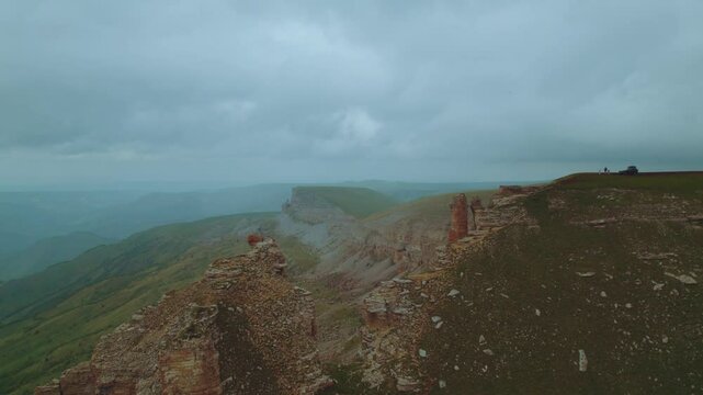 Bermamyt, lada niva travel on the mountain, SUV at the top of the mountain, aerial photography of a car at the cliff, aerial photography of a car at the top of the mountain