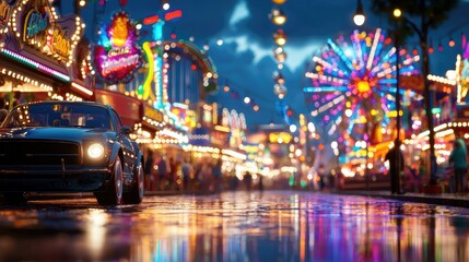 Fototapeta premium A vibrant nighttime carnival scene illuminated by colorful lights, showcasing attractions like a Ferris wheel and booths, with a wet street reflecting the lively atmosphere of summer festivities.