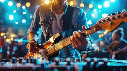Obraz premium A passionate guitarist performing on stage with spectacular lighting, surrounded by a lively audience, creating an electrifying atmosphere that showcases the joy of live music and entertainment.