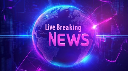 vibrant digital graphic featuring text Live Breaking News in bold, glowing letters against futuristic, neon lit globe background. image conveys urgency and modernity