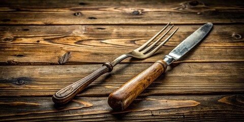 Vintage Fork and Knife Resting on Rustic Wooden Surface