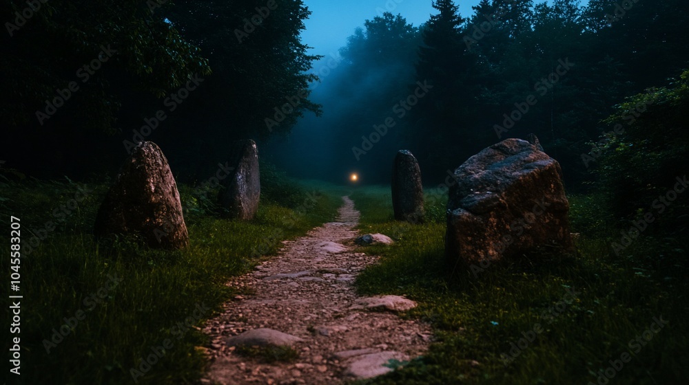 Poster a mysterious path leads through a forest at dusk, with large stones lining the way and a faint light