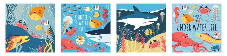 Fototapeta premium Vector illustrations with a shark, jellyfish, moray eels, crabs, exotic fish and many others