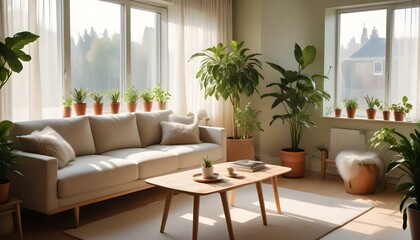 Fototapeta premium A cozy modern house interior decorated with Scandinavian furniture, including a light-colored sofa, a wooden coffee table, and potted green plants, with a warm color palette and soft lighting