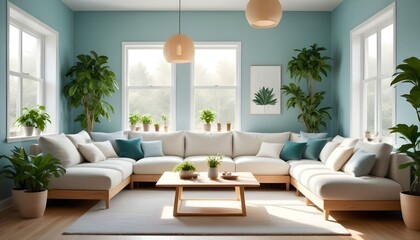 Fototapeta premium A cozy modern house interior decorated with Scandinavian furniture, including a light-colored sofa, a wooden coffee table, and potted green plants, with a warm color palette and soft lighting