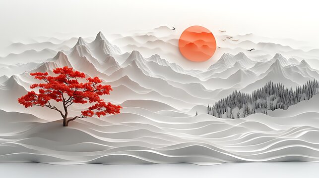 Minimalist mountain landscape with a red tree and a large orange sun in the distance.