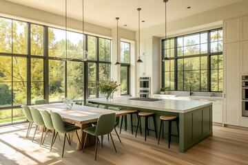 A cozy kitchen-dining area with matte pistachio-green cabinets, with a dwarf olive tree brings a touch of nature to the corner of the room
