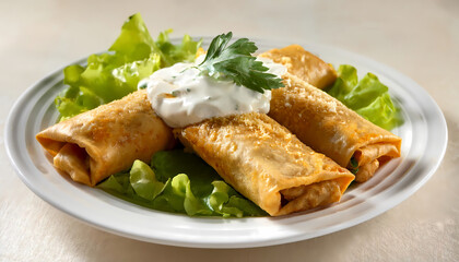 presentation of flautas filled with chicken, garnished with lettuce, cheese