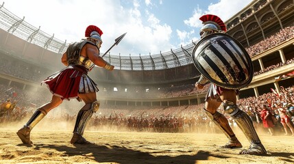 two gladiators fighting in the arena, equipped with armor and swords