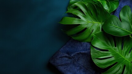 Obraz premium Tropical Leaves and Denim Fabric on Teal Background Minimalist Design