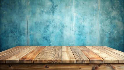 Rustic wooden table top against a vintage blue wall with abstract texture.