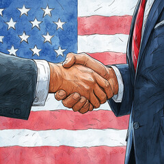 illustration of handshake between two businessmen, American flag in the background