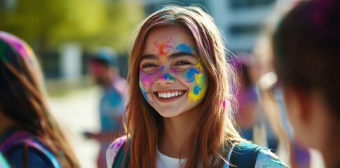Happy woman with colorful paint on face at Holi festival, close-up portrait, spring celebration