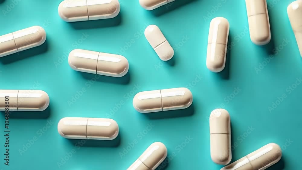 Poster an array of white capsules on a teal background representing a health and medical concept. video