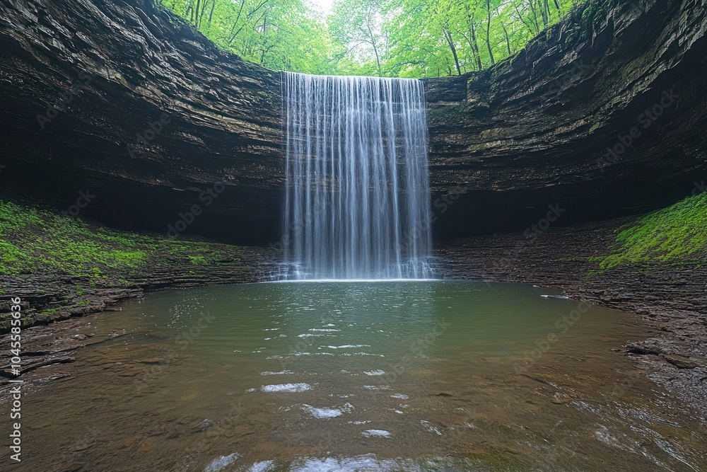 Poster a serene waterfall cascading into a tranquil pool surrounded by lush greenery.