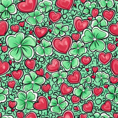 pattern featuring green clovers and red hearts on a light background