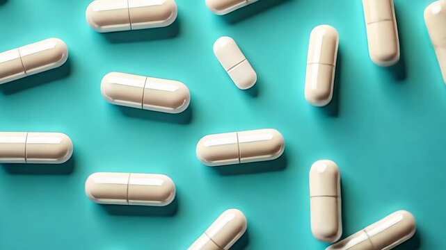 An array of white capsules on a teal background representing a health and medical concept. Video