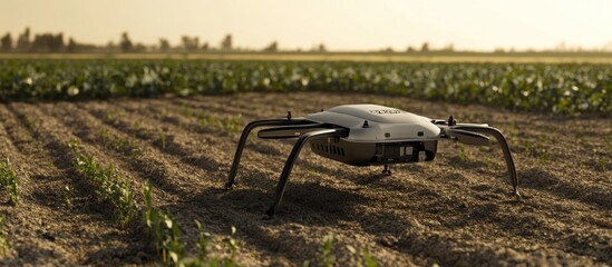 A drone sits in a field of crops with the sun setting in the background.