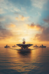 Aircraft carrier leading naval fleet at sunrise