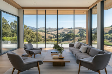 Fototapeta premium A contemporary living room with a matte sage-green sofa, and a wooden coffee table, large window with a dwarf olive tree 