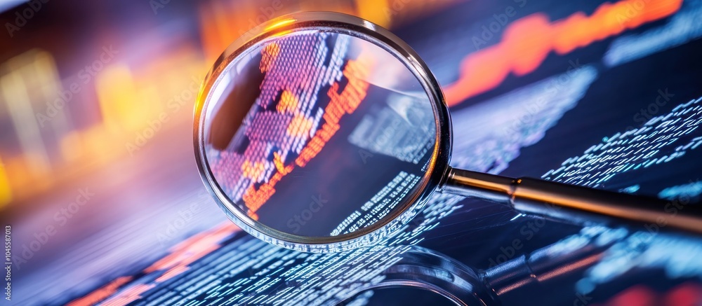 Poster a magnifying glass is placed on a document with a digital graph, focusing on the details of the char