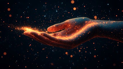 A glowing hand with a bright light emanating from it against a dark background.