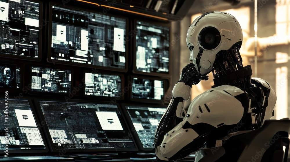 Aufkleber A robot is sitting in front of a computer monitor with a phone in its hand