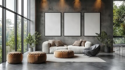 three blank posters hang on a modern indoor wall with a sleek concrete floor creating an open space for creativity and showcasing potential for artistic expression in a contemporary setting