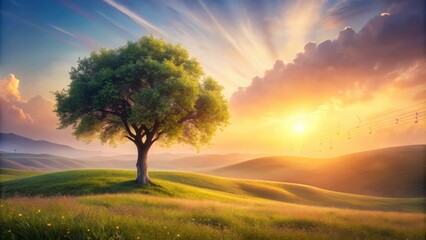 Obraz premium A Solitary Tree Stands Tall in a Rolling Meadow as the Sun Sets, Casting a Golden Glow on the Landscape, with Music Notes Floating Through the Air