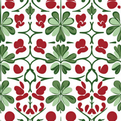 pattern featuring green clovers and red hearts on a light background