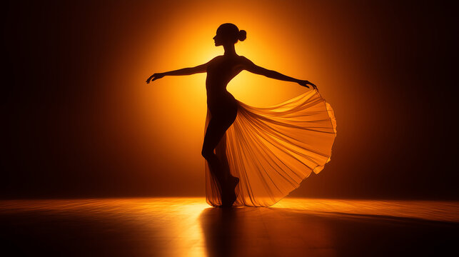Silhouette of graceful ballerina dancing with flowing fabric in warm spotlight