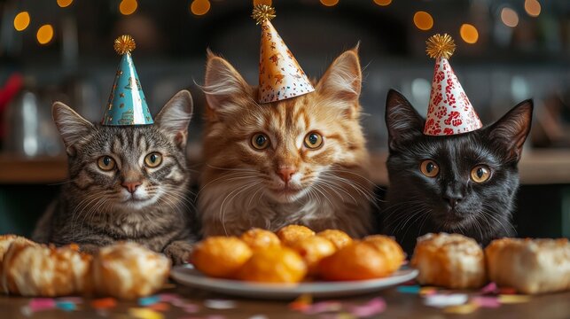 Featuring pets in New Year-themed settings, emphasizing joyous and celebratory moments. Ideal for New Year-themed social media posts and pet blogs. Detailed view of pets with party hats, confetti.