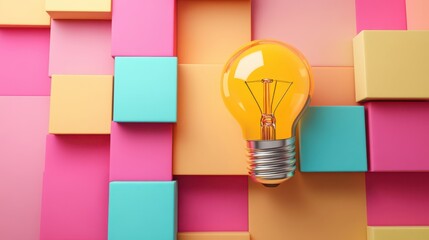 3D render of yellow light bulb on colorful pastel background, banner for creative ideas