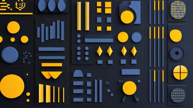 Bento grid layout with modern graphic design elements in gray color on dark background. Blue and yellow shapes template trend bg. Glasmorphism circle buttons. Swiss design pattern. Video