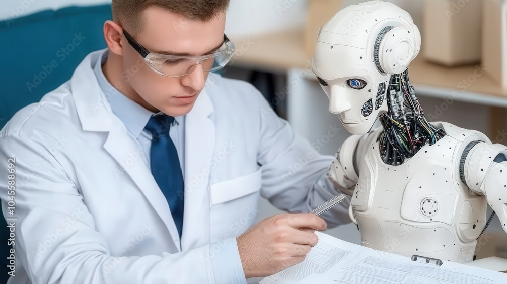 Poster engineer examining robotic arm in factory