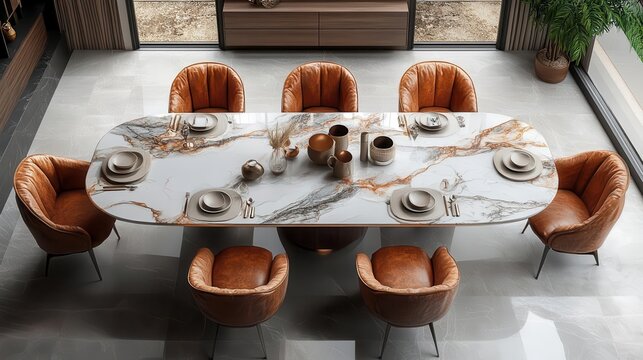 top view of an elegantly set dining table with chairs showcasing a pristine white background the layout emanates sophistication and invites a warm dining experience