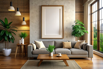 modern living room with sofa and blank wall frame