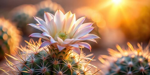 A cactus blossom bathed in the golden glow of the setting sun, its delicate petals unfurling in the warm light.