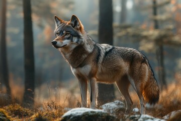 Obraz premium A lone wolf stands alert in a misty forest, its fur blending seamlessly with the surroundings.