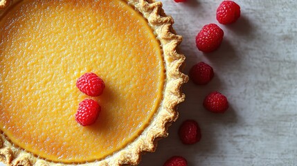 A rich custard pie garnished with fresh raspberries awaits eager dessert lovers